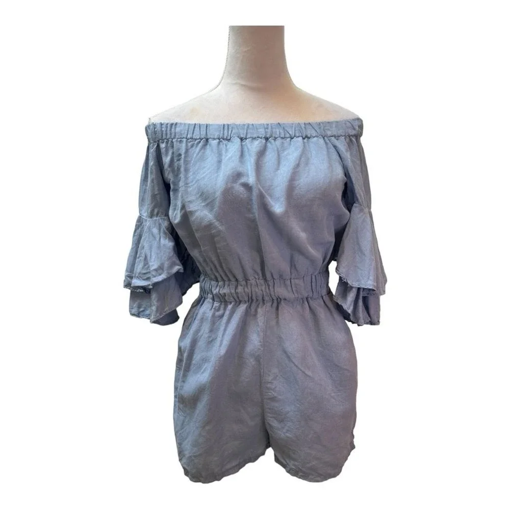 Zara Basic Chambray Blue Off‎ Shoulder Ruffle Sleeve Romper Sunsuit Size  Small